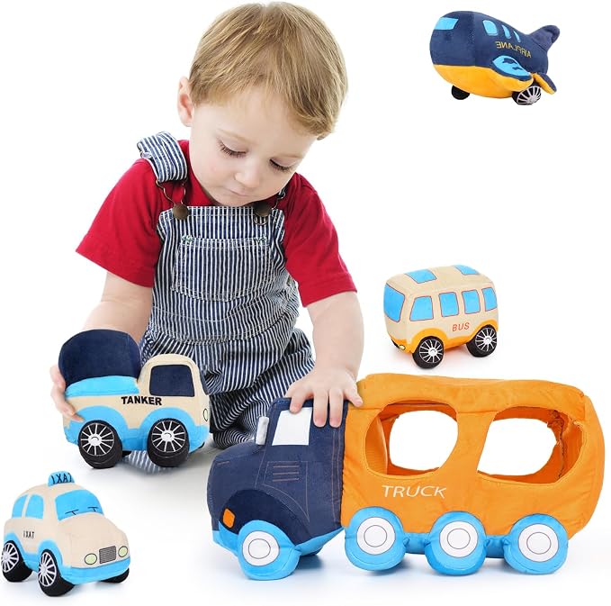 Soft Truck Toy Set with 4 Stuffed Baby Vehicles Toys