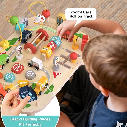 Baby Busy Table with Bead Maze, Shape Sorter, Cars & Road