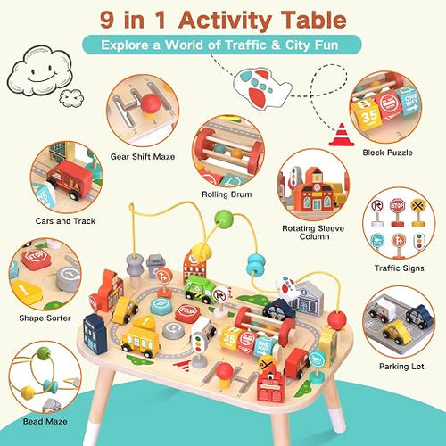 Baby Busy Table with Bead Maze, Shape Sorter, Cars & Road