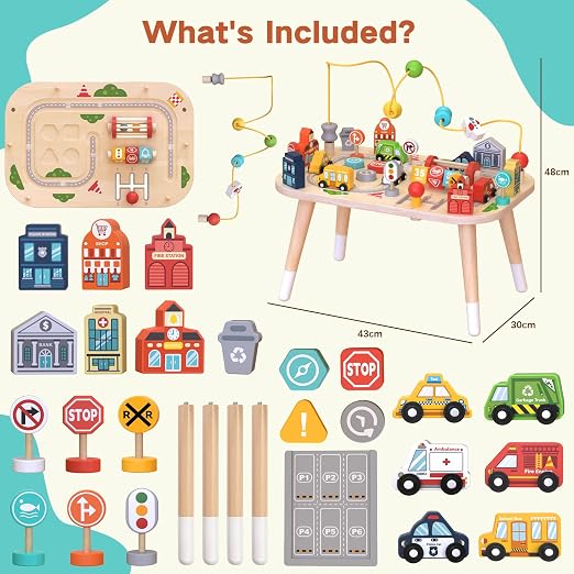 Baby Busy Table with Bead Maze, Shape Sorter, Cars & Road