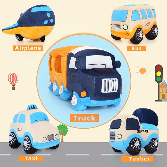 Soft Truck Toy Set with 4 Stuffed Baby Vehicles Toys